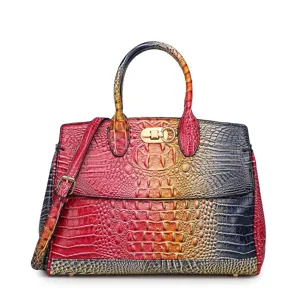 Vista dettagliata della borsa tote colorata in pelle goffrata coccodrillo con chiusura