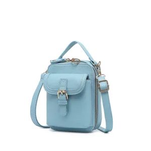Bolso bandolera azul claro para móvil en cuero granulado con detalles metálicos dorados