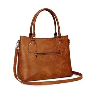 Detalle de bolso tote vintage de piel sintética marrón texturizada con cremalleras