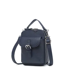 Bolso bandolera mini azul marino para móvil con hebilla plateada y asa superior