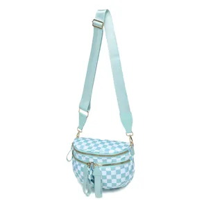 Bolso bandolera de tela Oxford a cuadros azul claro y blanco con correa ajustable
