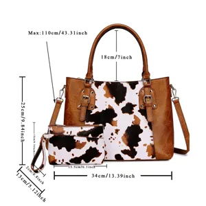Dimensiones detalladas del conjunto de bolsos con estampado de vaca y medidas en cm