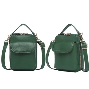 Vista frontal y lateral de bolso bandolera verde para móvil con herrajes dorados