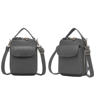 Bolso bandolera gris de cuero granulado para móvil, visto desde ángulos frontal y lateral