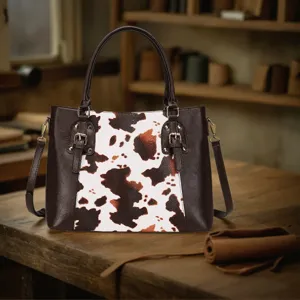 Vista detallada de la textura con estampado de vaca en un bolso de cuero bohemio
