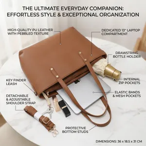 Vista detallada del bolso tote de cuero PU marrón para portátil con compartimentos