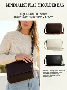 Infografía de un bolso bandolera minimalista en tres colores con dimensiones