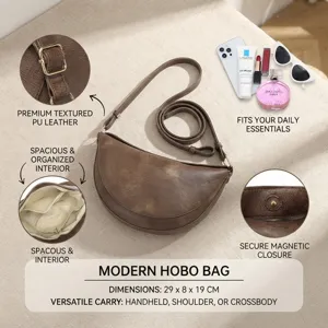 Vista macro de un bolso hobo vintage marrón que muestra la textura del cuero PU y el interior.