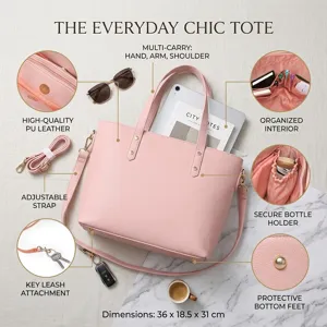 Bolso tote grande de cuero sintético rosa de calidad con interior organizado y espacio para PC