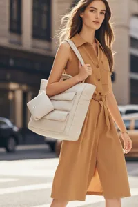 Detail van grote beige gewatteerde shopper gecombineerd met een casual jumpsuit