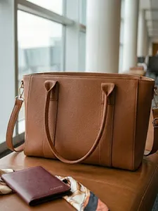 Primer plano de un bolso tote de cuero granulado marrón con asas en un entorno moderno.