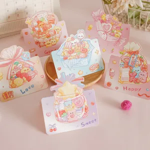 Detail view of colorful 3D cartoon candy and animal greeting cards set for kids