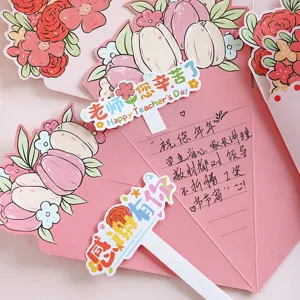 Detailed view of a pink bouquet greeting card with floral inserts for Teacher's Day