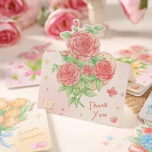 Primo piano di biglietto d'auguri 3D floreale con testo 'Thank You' e rosa illustrata