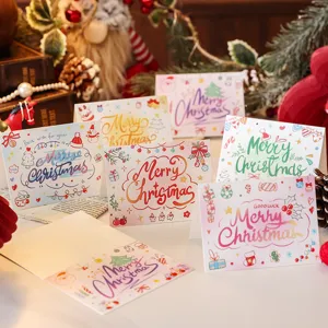 Detailed view of various colorful cartoon Christmas greeting cards with Merry Christmas text