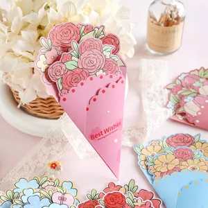 Detail view of a pink 3D flower bouquet greeting card with Best Wishes text engraving