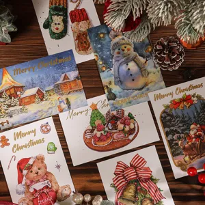 Tarjeta de Felicitación Navideña Estampado Dorado Postal Vintage Papá Noel Muñeco de Nieve Reno Patrón Regalo de Navidad