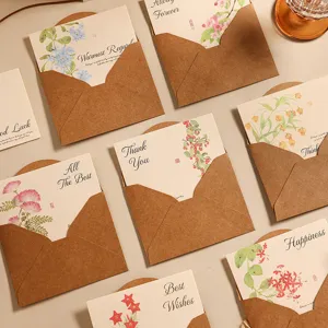 Tarjetas de Felicitación de Papel Kraft Vintage Con Sobres Diseño Floral Dibujado a Mano Para Navidad Boda