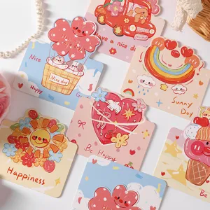 Close-up of colorful cartoon greeting cards with cute illustrations and English greetings.