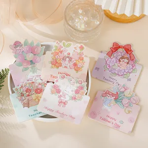 Elegante handgezeichnete Grußkarten zum Lehrertag mit floralen Motiven in Pastell.