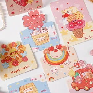 Detailed view of colorful cartoon doodle greeting cards with cute animal illustrations