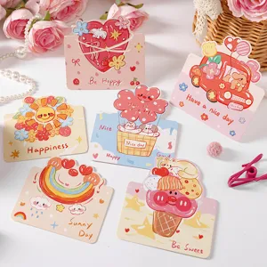 Collection of cute cartoon greeting cards with uplifting English blessing words