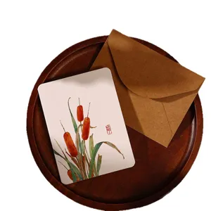 Juego de tarjetas de felicitación vintage con acuarela de enea y sobre de kraft