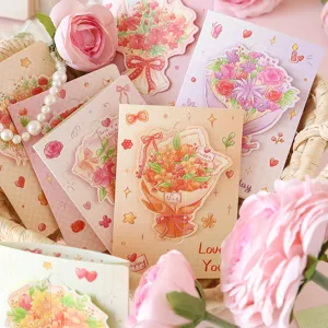 Romantische handgetekende bloemenwenskaarten met 3D-boeketstickers in een rieten mandje