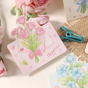 Primo piano di un biglietto d'auguri 3D con bouquet rosa e scritta Happiness