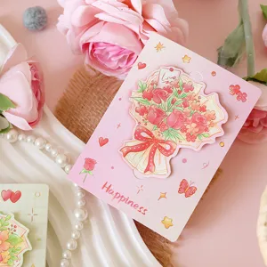 Close-up van een roze handgetekende rozenboeket wenskaart met de tekst Happiness.