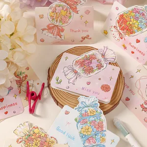 Assorted cartoon greeting cards with colorful floral candy bouquet illustrations