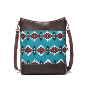 Close-up of vintage Bohemian Aztec pattern print crossbody bag with brown faux leather