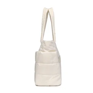 Side profile detail of cream quilted padded travel tote bag featuring side pocket and handles