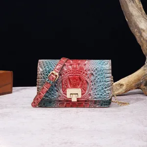 Primer plano de bolso retro para mujer con textura de cocodrilo en relieve y cierre dorado