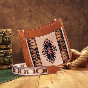 Detalle de bolso bandolera boho con estampados étnicos y cuero sintético texturizado