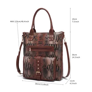 Detailed size chart for vintage snakeskin print tote bag showing all measurements in cm and inch