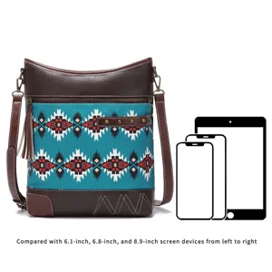 Size comparison of bohemian Aztec print crossbody bag with 6.1 to 8.9 inch devices.