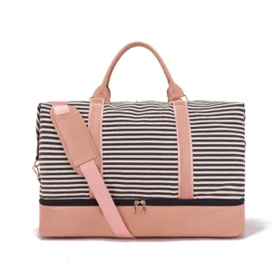 Bolsa de viaje grande a rayas con detalles de cuero rosa y compartimento.