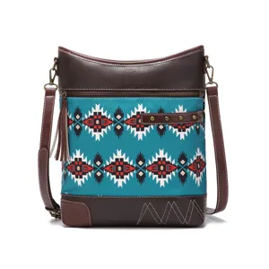 Close-up view of a retro Aztec print waterproof crossbody bag with brown leather accents