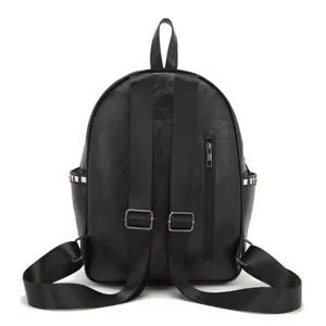 Back view of black leather backpack with adjustable straps and rear zipper pocket.
