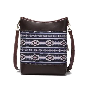 Detailed view of bohemian Aztec pattern on vintage printed crossbody bag for women