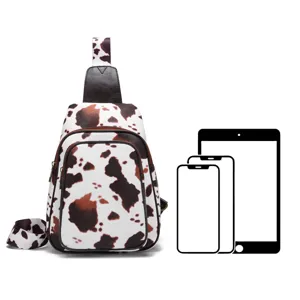 Detailed view of cow print sling bag with mobile phone and tablet size comparison icons