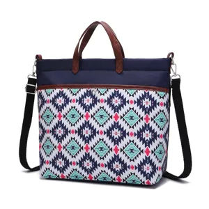 Detail of retro Bohemian Aztec pattern on waterproof twill fabric laptop tote bag for women