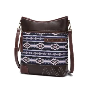 Detailed view of the Aztec print and brown leather trim on this retro crossbody bag.
