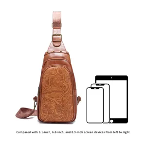 Detailed capacity comparison of vintage floral sling bag with 6.1 to 8.9 inch devices.