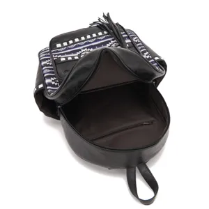 Close-up view of the spacious interior lining and pocket of the ethnic Aztec black backpack