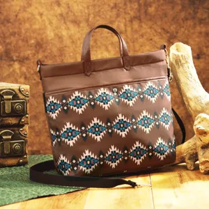 Detailed view of Aztec pattern on brown waterproof Bohemian crossbody tote bag.