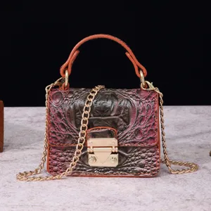Bolso vintage multicolor con estampado de cocodrilo, cadena dorada y asa superior.