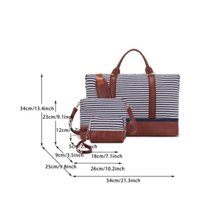 Especificaciones detalladas de tamaño para el set de 3 bolsos de viaje de rayas azul