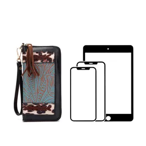 Vintage-Clutch mit Blumenprägung neben Telefonsilhouetten zum Größenvergleich angezeigt
